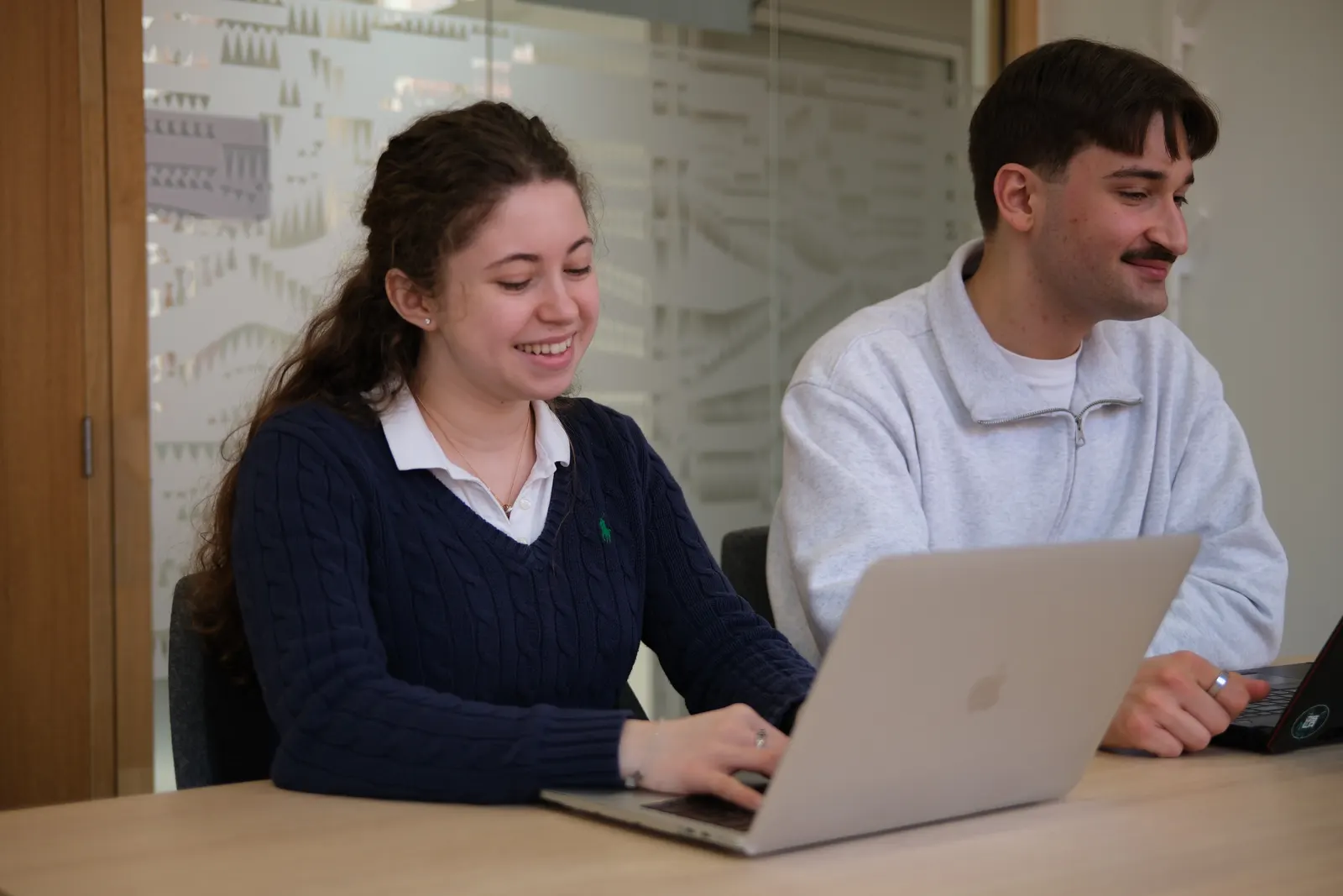 Two DSLA board members working on a laptop.