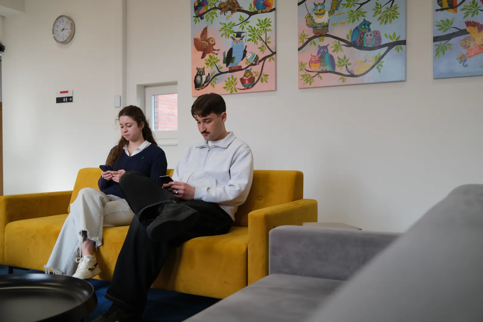 Two DSLA board members using their phones on a sofa.