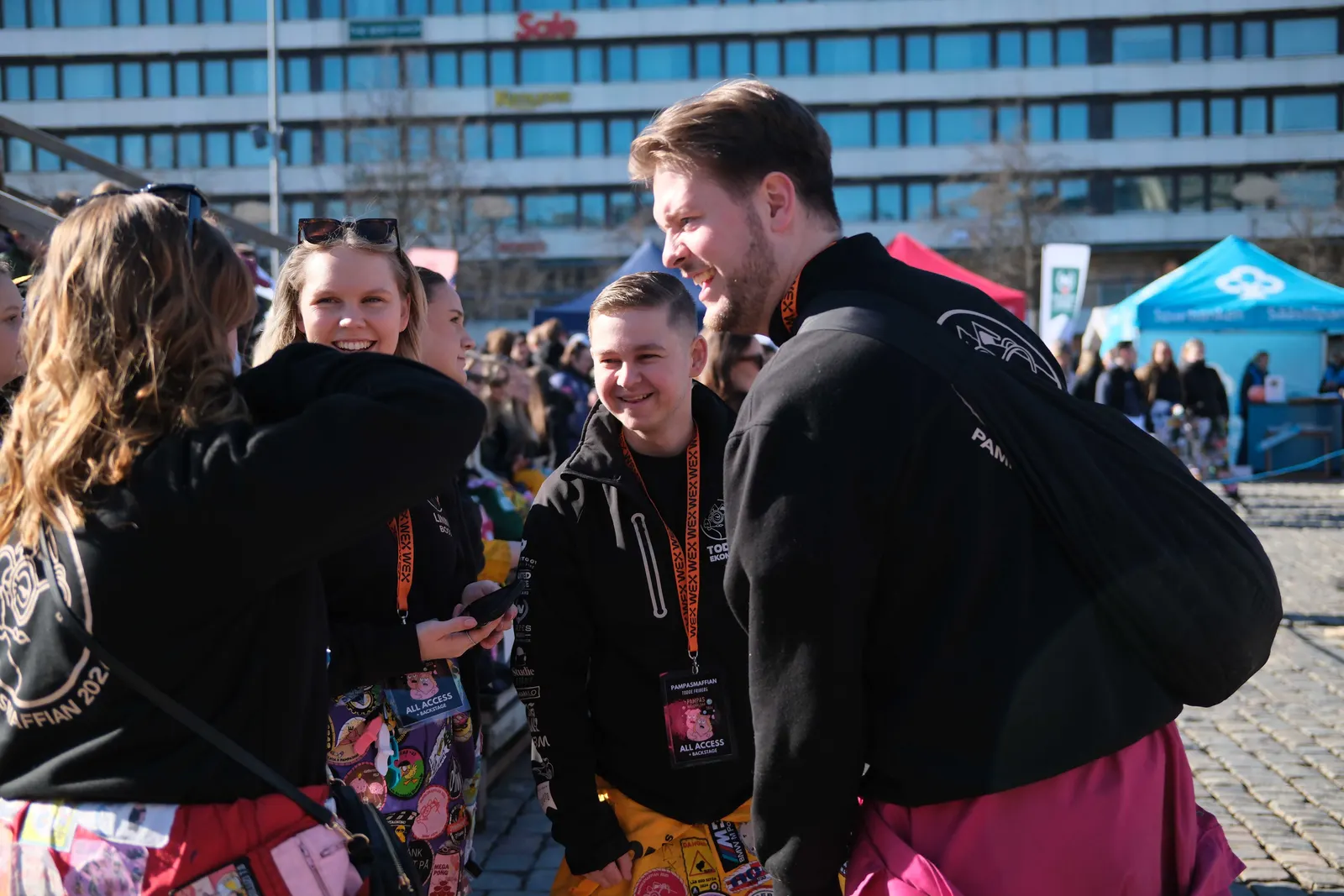 Students in colourful overalls gathered in Vaasa’s central square.