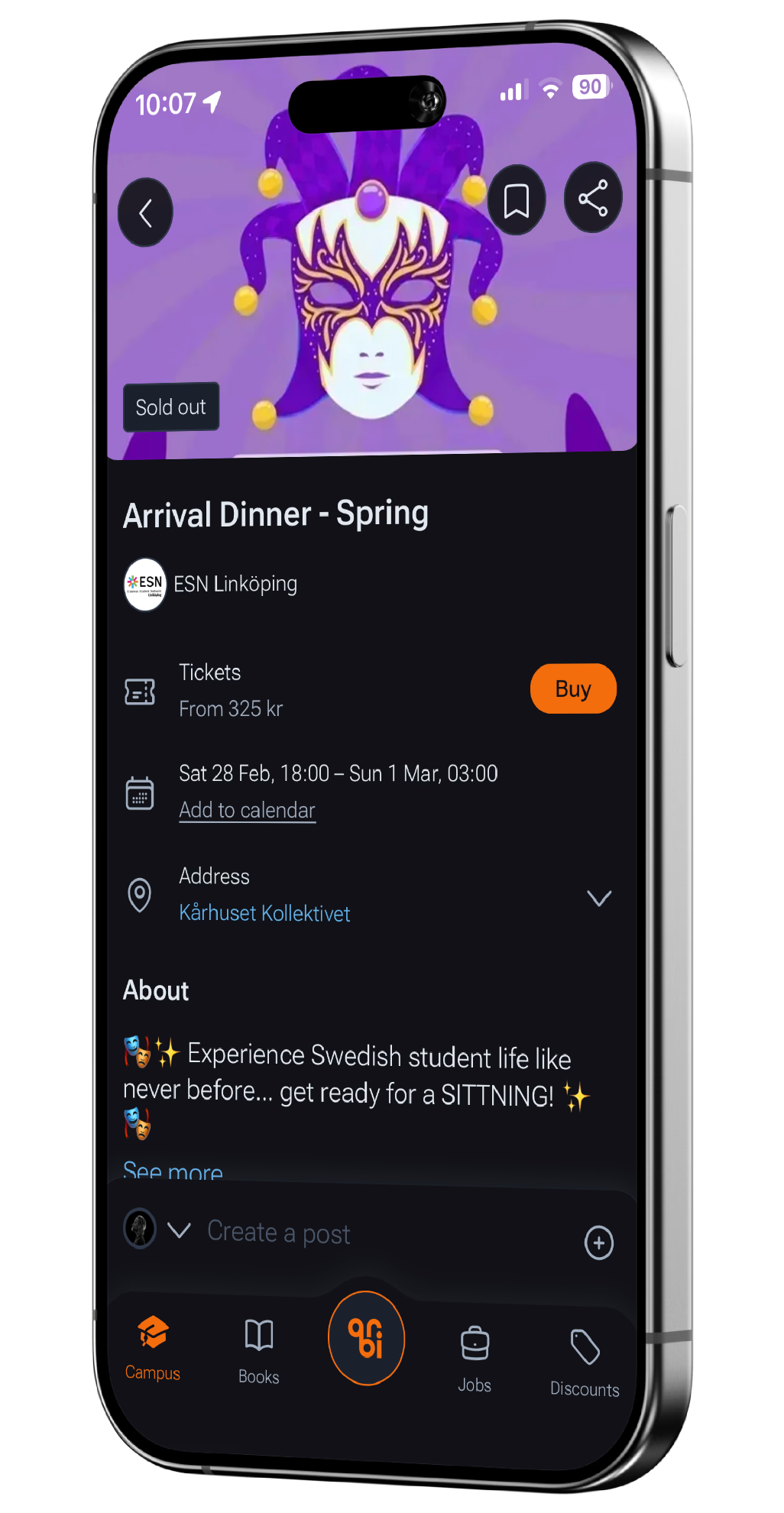 Orbi app showing a student event and ticket booking