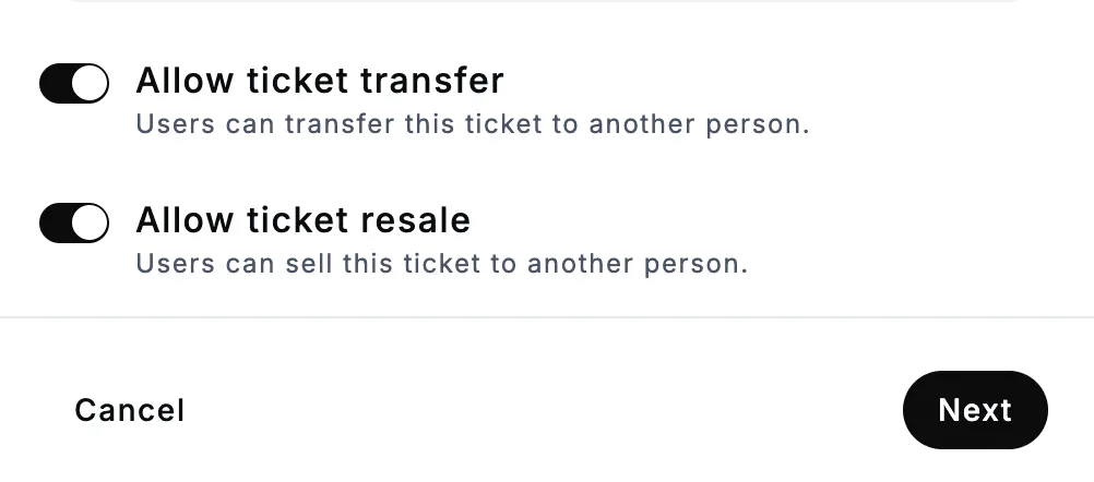 Ticket settings with "Allow ticket transfer" and "Allow ticket resale" turned on